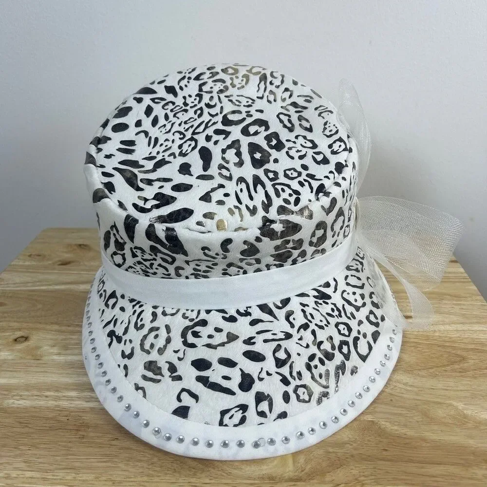 Unbranded Leopard Print Bucket Hat White Gold Metallic Rhinestone Bow One Size